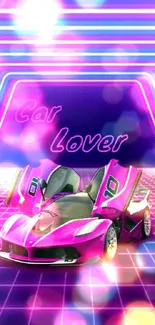 Bright pink sports car with neon lights in retro style.