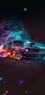 Colorful retro car surrounded by vibrant smoke and stars.