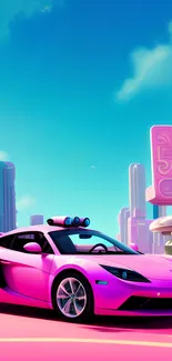 Pink retro sports car in a neon cityscape.