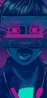 Vibrant retro cassette art with intense blue and pink hues.