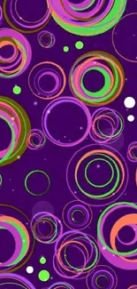 Vibrant purple wallpaper with colorful circles.