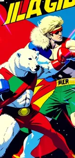 Vibrant comic art of a superhero and polar bear.