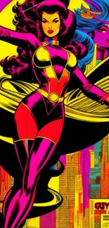 Colorful retro comic book art wallpaper with dynamic characters and bold colors.