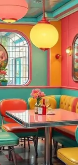 Colorful retro diner wallpaper with vibrant decor.