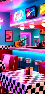 Retro diner with neon lights and checkered tables, evoking a classic ambiance.