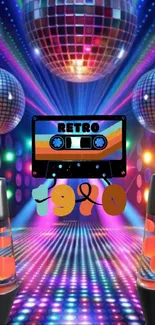 1970s retro disco wallpaper with cassette and lights.