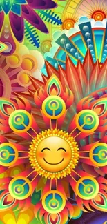 Vibrant retro floral wallpaper with a smiling sun design.