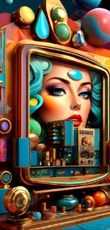 Colorful retro futuristic art with a striking female portrait in digital style.