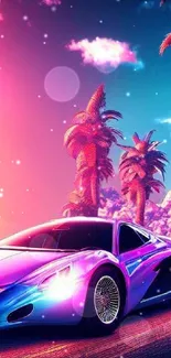 Vibrant neon car on a tropical road with palm trees.