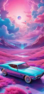 Fantasy landscape with vintage car under pink skies and cosmic elements.