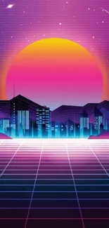 Vibrant neon retro-futuristic cityscape with glowing grid and sunset.