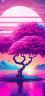 Vibrant retro futuristic wallpaper featuring a neon tree and sunset.