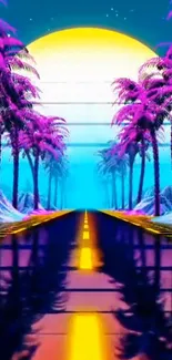 Neon palm trees and glowing sunset on a vibrant futuristic wallpaper.