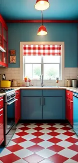 Vibrant retro kitchen with red accents and checkerboard floor.