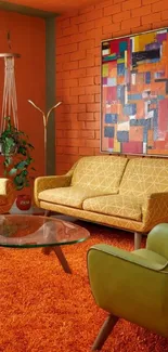 Vibrant retro living room wallpaper featuring colorful furniture and decor.