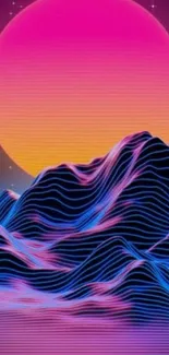 Vibrant retro mountain scene with neon sunset colors.