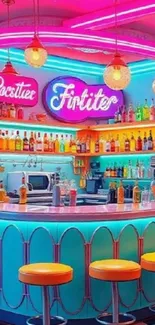 Vibrant neon bar with retro lights and colorful decor.