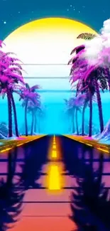 Vibrant neon road at sunset with pink palm trees and a yellow sun.