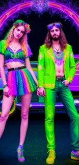 Retro neon-styled couple with colorful attire.