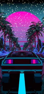 Futuristic car under pink neon sunset with palm trees.