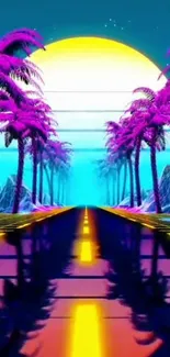 Vibrant retro sunset with neon palms and urban road.