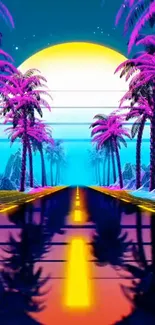 Vibrant neon sunset with palm trees reflection.