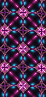 Vibrant retro geometric pattern wallpaper in purple and teal.