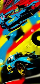 Vibrant retro racing cars wallpaper featuring bold colors and dynamic design.