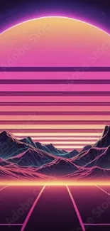 Neon pink retro sunset over mountains with grid lines creating a vibrant aesthetic.