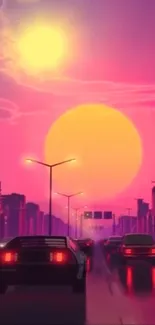 Retro neon sunset with cityscape and cars featuring vibrant pink hues.