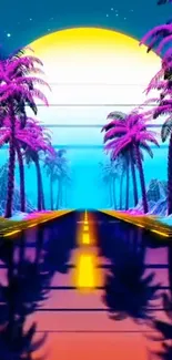 Vibrant retro wallpaper with neon trees and sunset reflection.