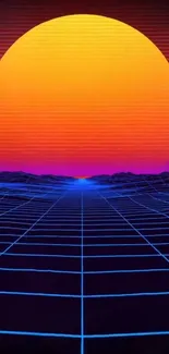 Retro sunset with neon grid lines in vibrant colors on mobile wallpaper.