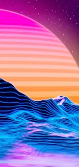 Vibrant neon pink and blue retro sunset over digital waves.