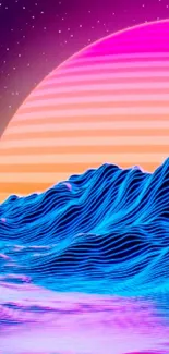 Retro sunset wallpaper with pink sun and neon blue waves.