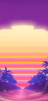 Vibrant retro sunset with neon palm trees and 80s aesthetic.