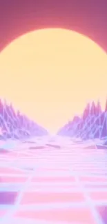 Retro synthwave scene with neon colors and geometric landscapes.