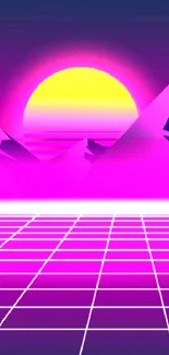 Neon pink synthwave wallpaper with sunset and mountains.