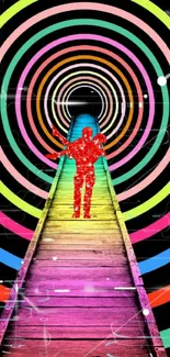 Vibrant retro tunnel art with rainbow circles and wooden path.