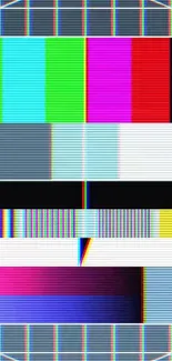 Colorful retro TV test pattern wallpaper with glitch elements and CRT aesthetics.