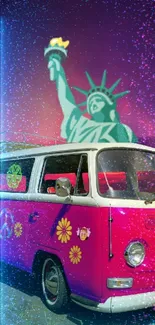 Vibrant pink van and Statue of Liberty mobile wallpaper.