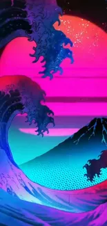 Neon pink and blue retro wave wallpaper with ocean and mountain.