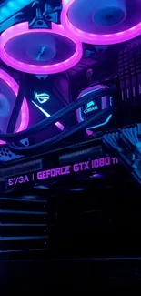 Vibrant RGB gaming PC with neon purple and blue lights.