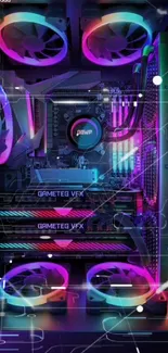 Vibrant RGB PC setup with neon lights and tech components.