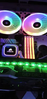 Vibrant RGB gaming PC setup with colorful LED lights.