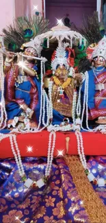 A vibrant display of traditional deities with peacock feathers and rich fabrics.