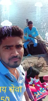 Young man on a boat with blue water background.