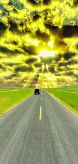 Road under a dramatic sunlit sky with vibrant yellow and green hues.