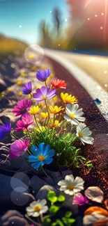 Colorful flowers lining a sunlit roadside with a clear sky.