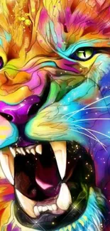 Colorful lion roaring in vibrant artwork.