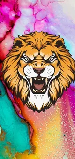 Roaring lion with vibrant, colorful background.